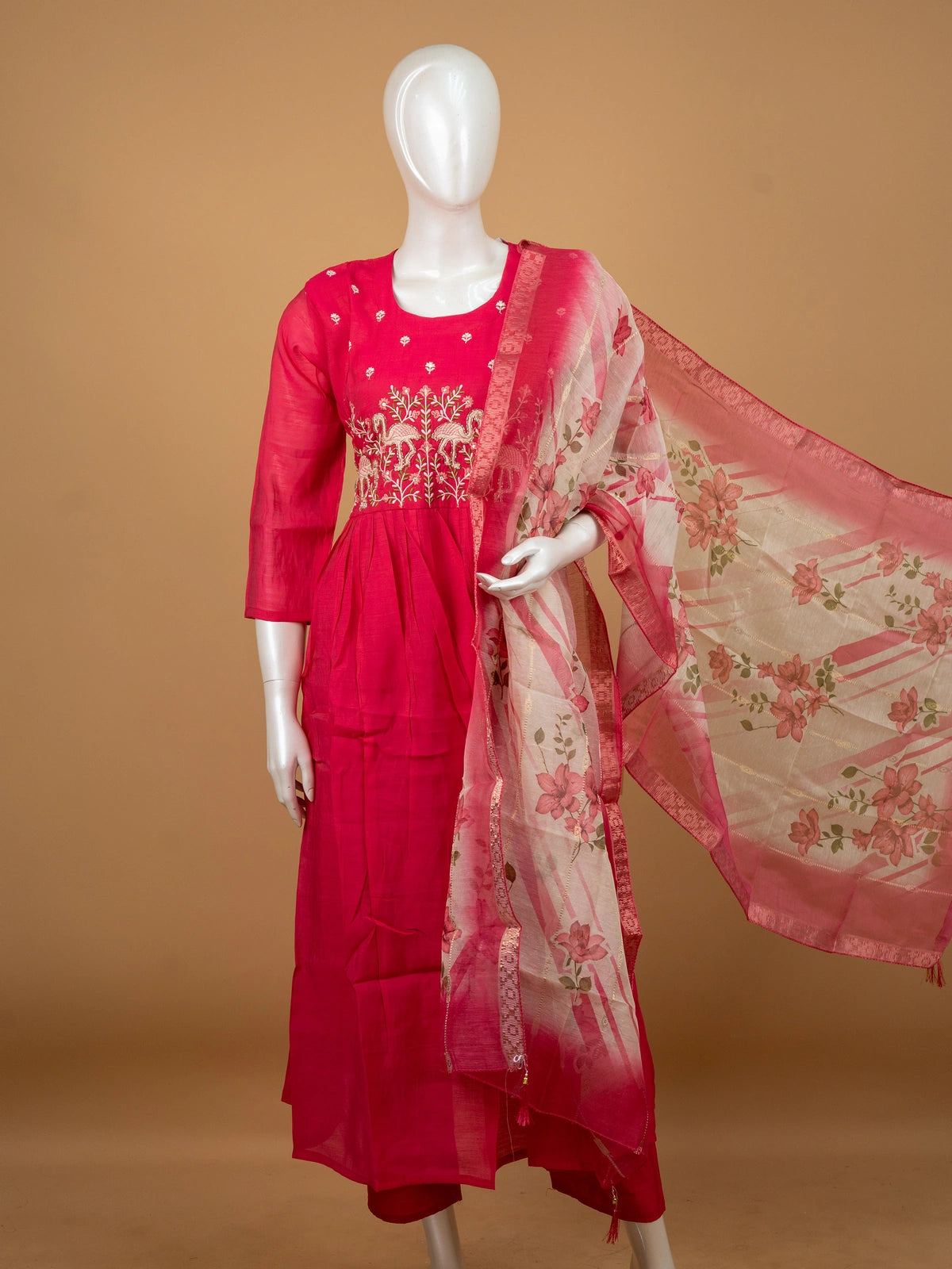 Rani Pink flamingo embroidered Chanderi silk Anarkali kurti set with floral printed dupatta