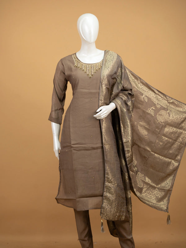 Taupe Brown embellished neckline cotton silk straight cut kurti set with zari woven dupatta