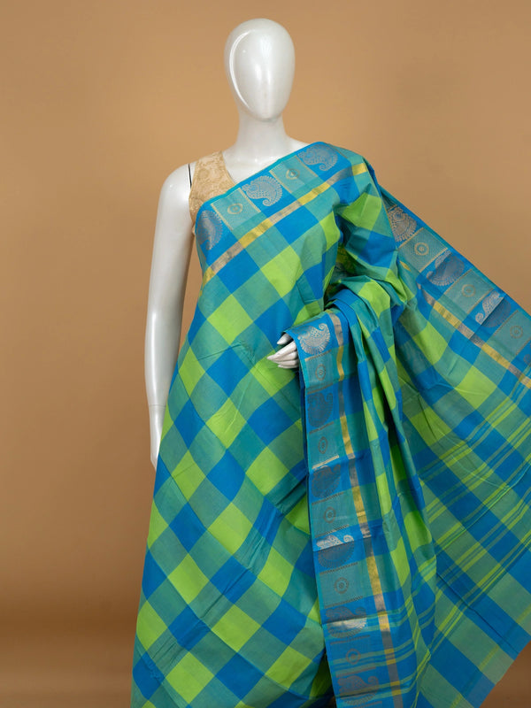 Blue and green checked Chettinad cotton saree with contrast gold zari paisley border