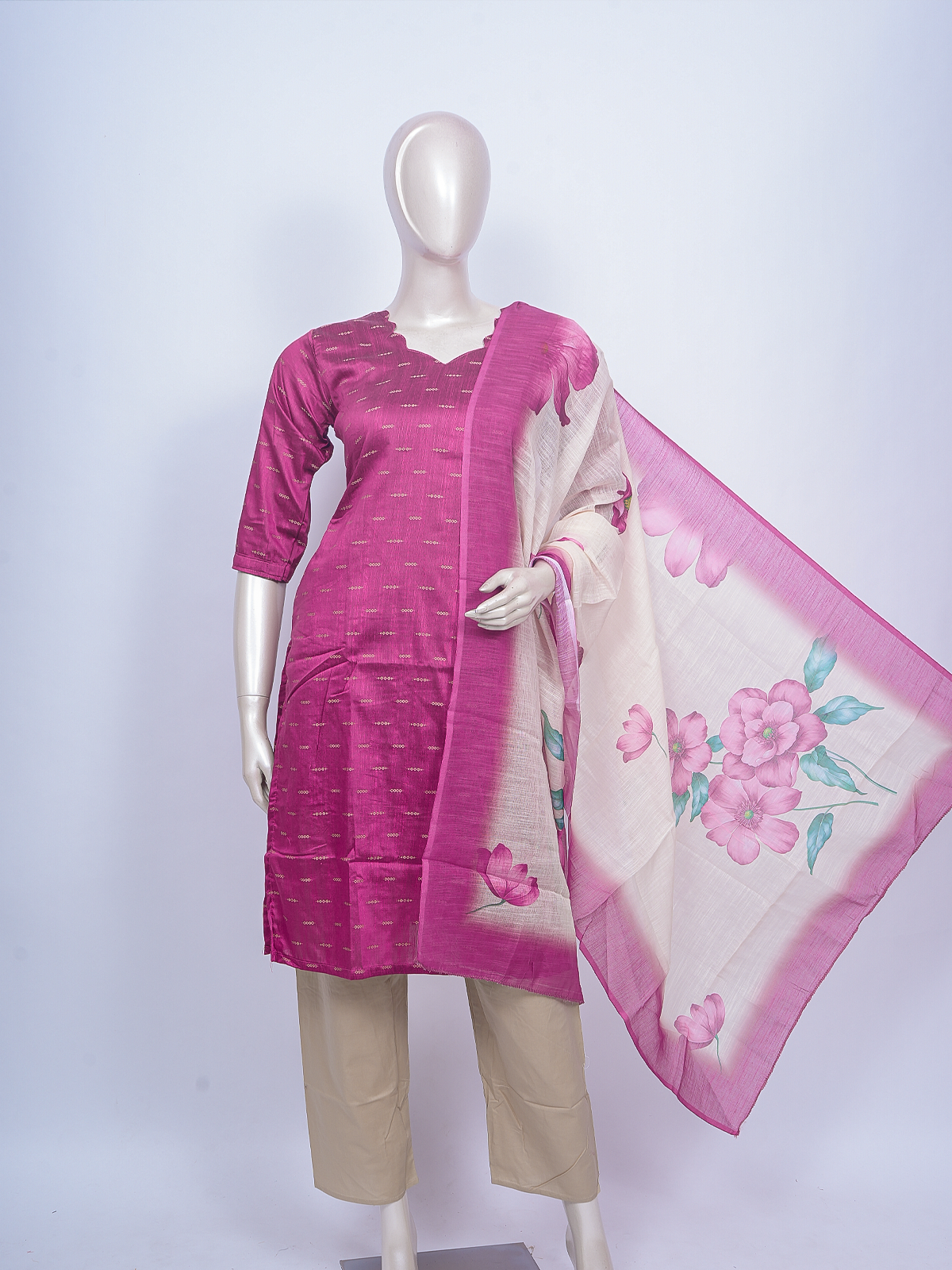 Magenta Pink cotton silk kurti set with woven zari butis and floral printed cream dupatta