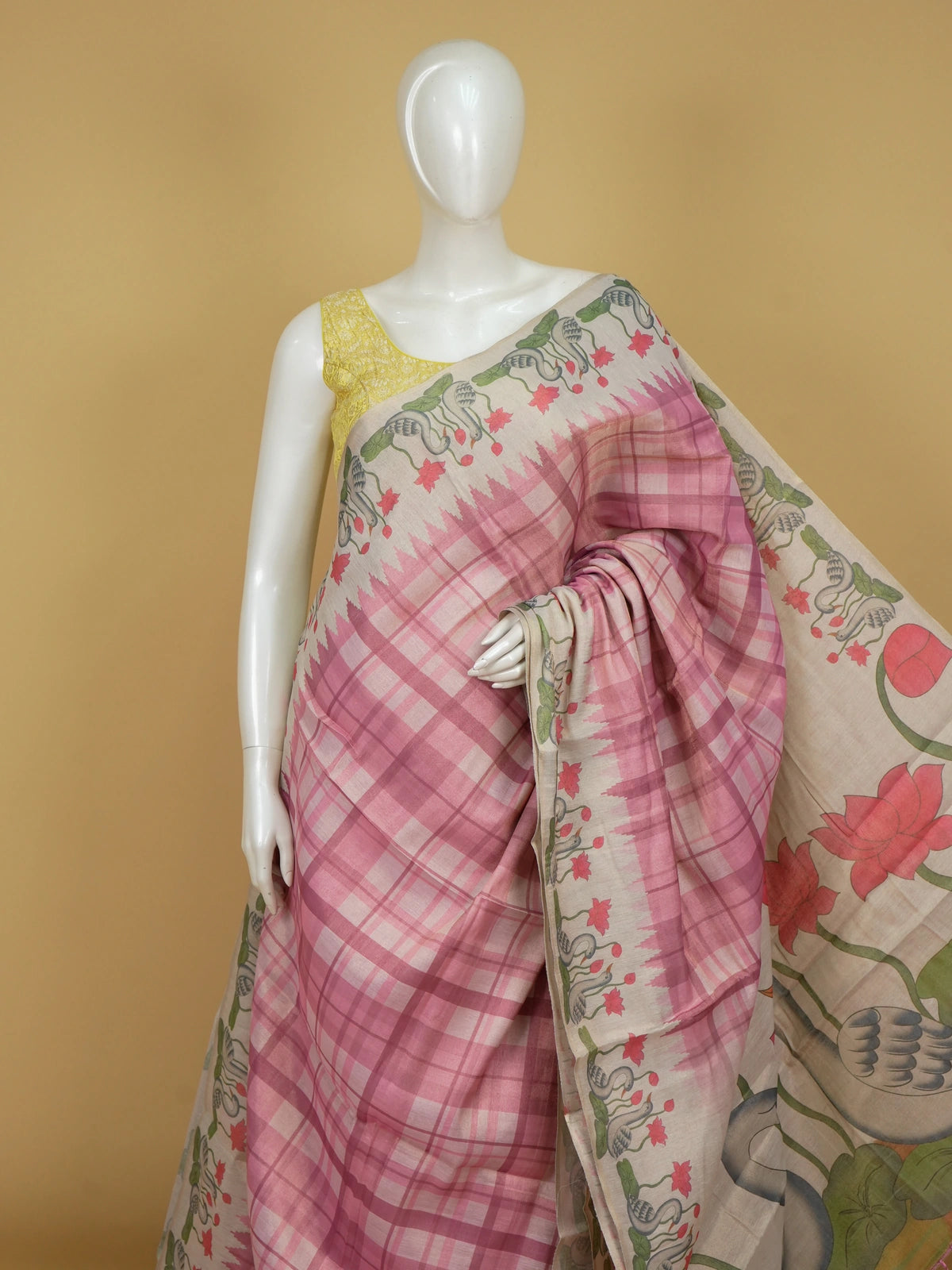 Pink and cream linen cotton saree with checked body and swan and lotus Pichwai printed pallu