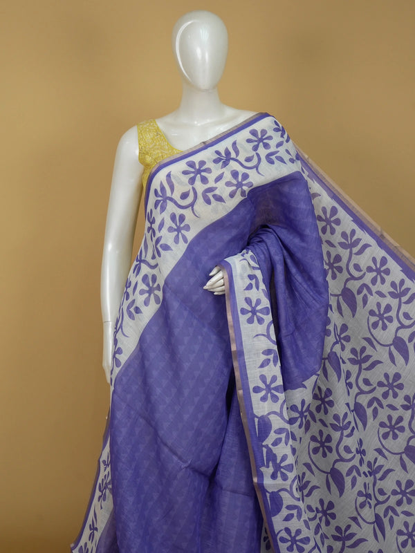 Purple and white floral printed linen cotton saree with white border and pallu