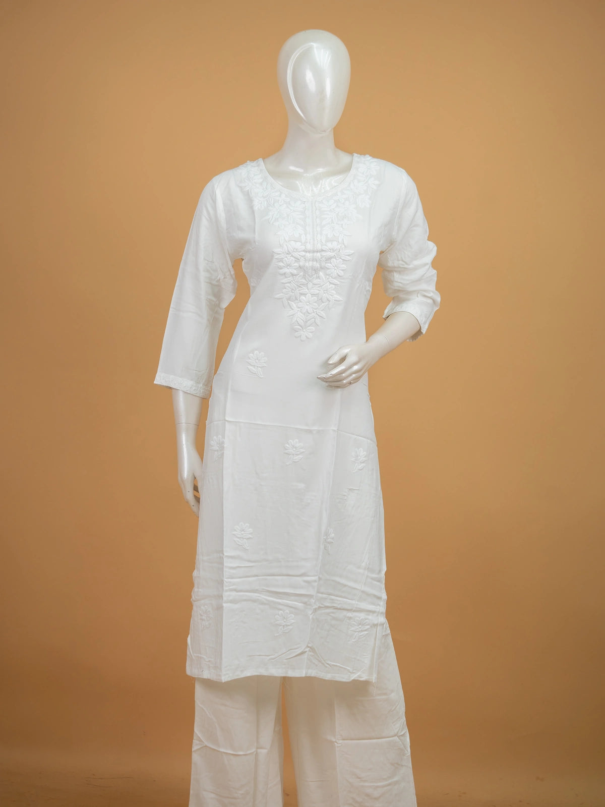 White cotton Chikankari embroidered straight cut kurti set with palazzo pants and dupatta
