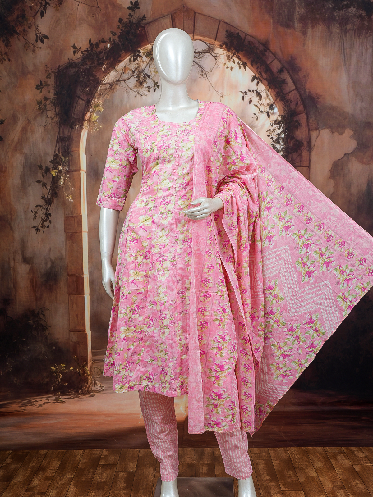Pink Floral Cotton Umbrella Kurti Set with Dupatta