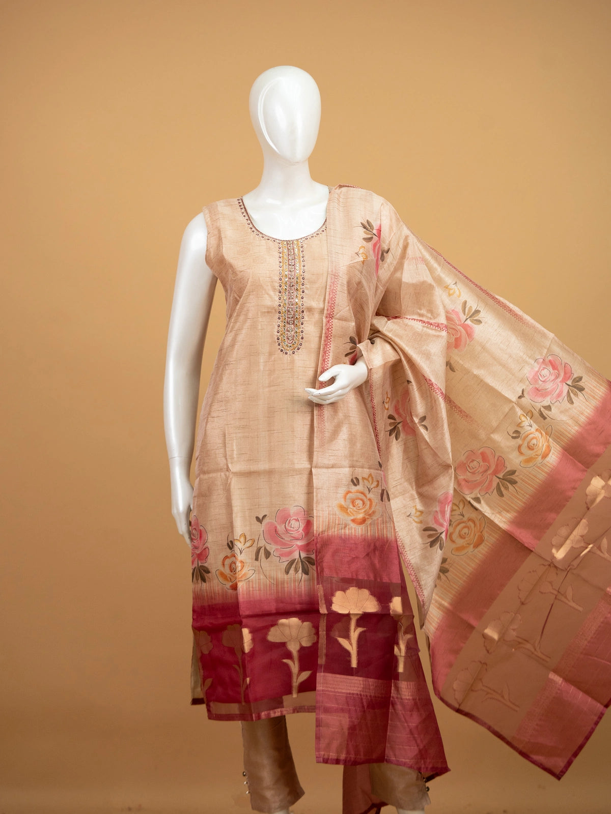 Beige floral tussar silk mirror work straight cut kurti set with printed dupatta