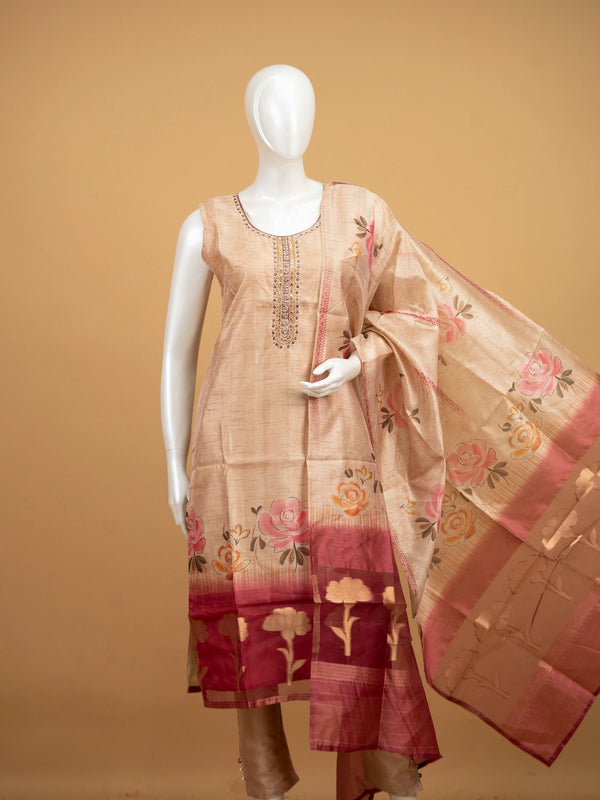 Beige floral tussar silk mirror work straight cut kurti set with printed dupatta