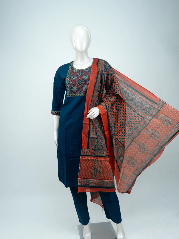 Navy blue cotton straight-cut kurti set with mirror-embroidered yoke and rust Ajrakh-print dupatta