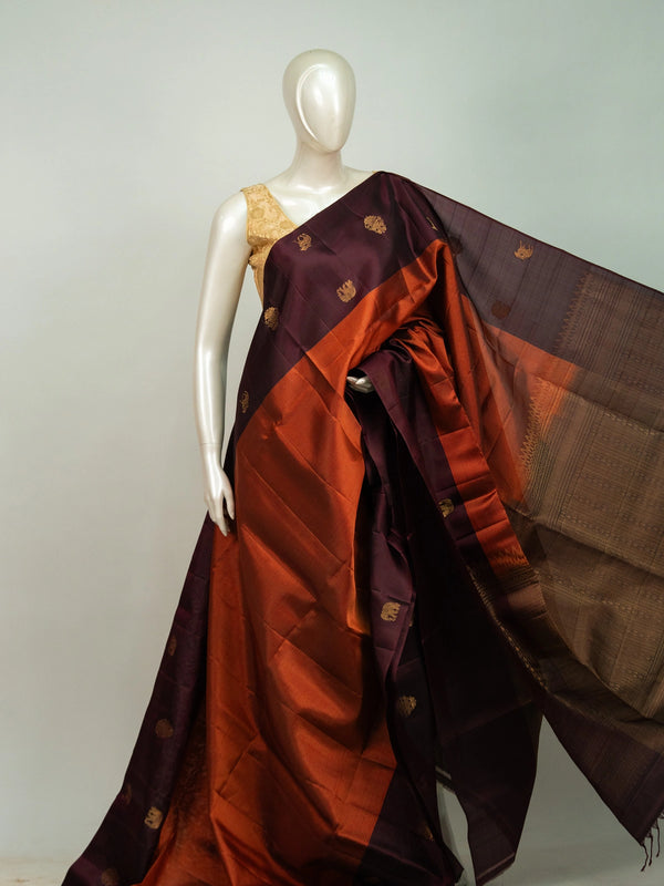 Wine purple pure soft silk saree with rust orange contrast border and gold zari butta motifs