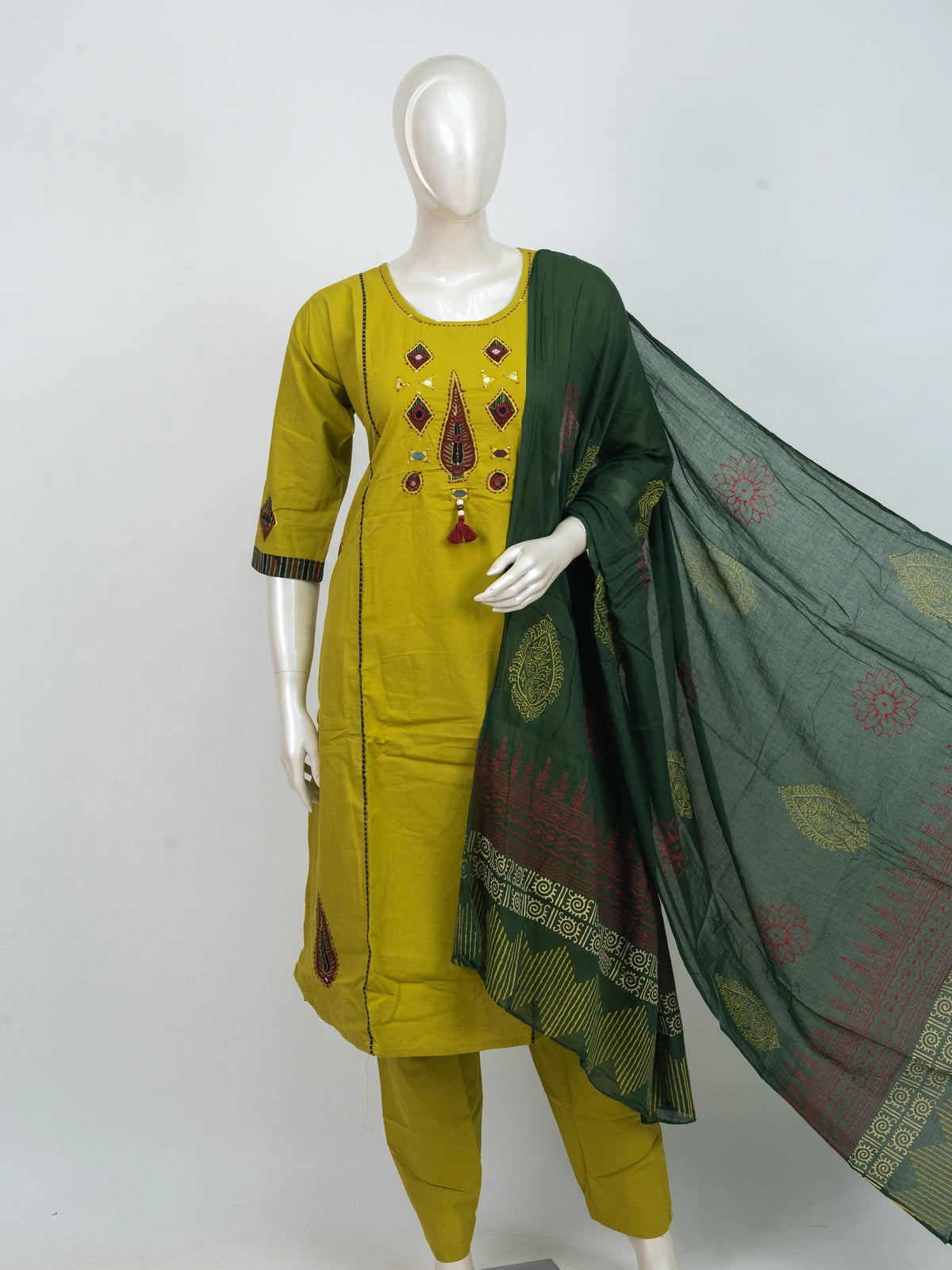 Mustard Green Cotton Mirror Work Straight Cut Kurti Set with dark green block-print dupatta