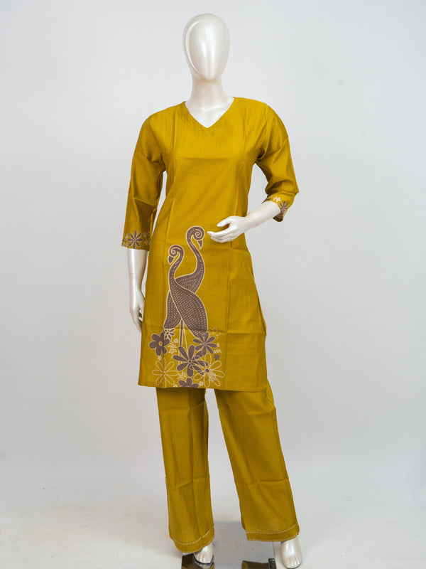 Mustard Yellow Peacock Printed Cotton Co-ord Set Kurti Set