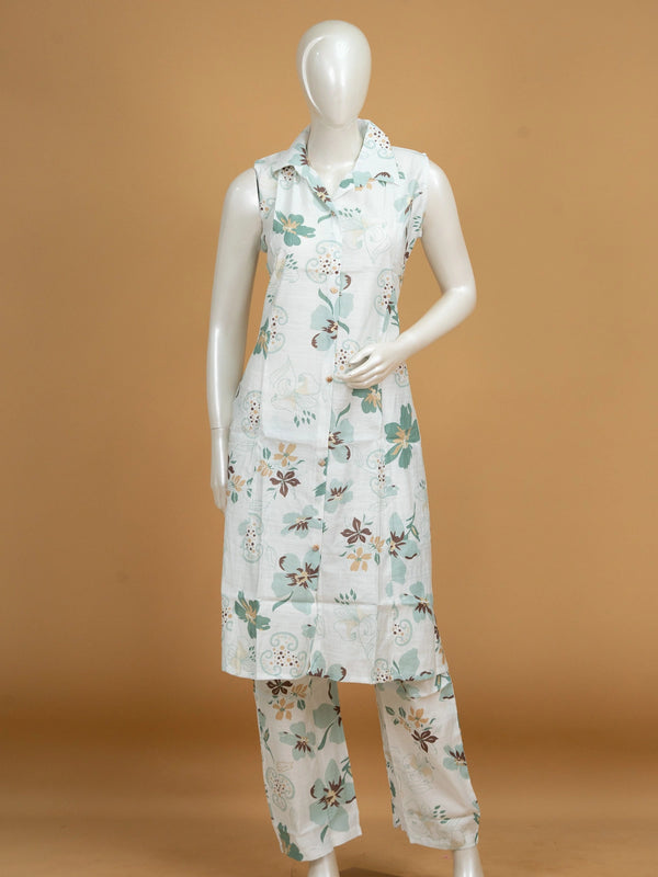 White floral printed cotton co-ord set with sleeveless collared kurti and matching straight pants