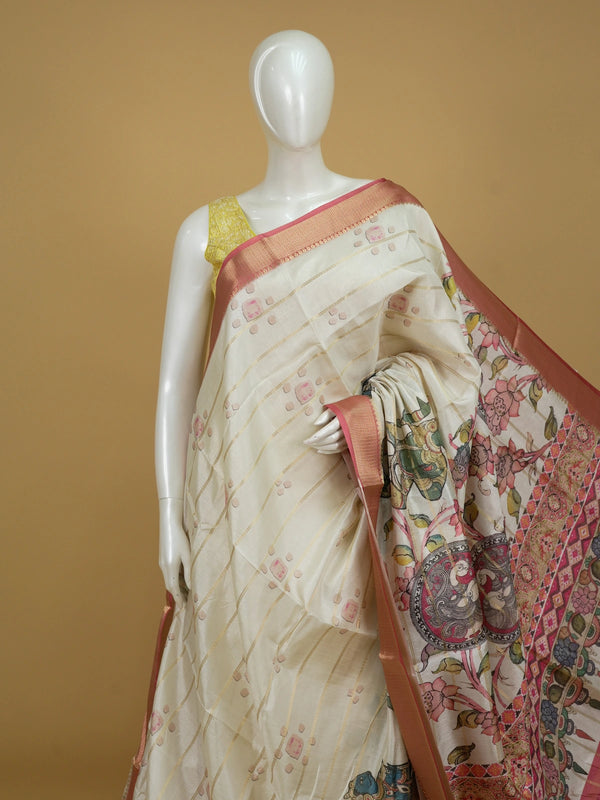 Cream Dola silk saree with pink zari border and Kalamkari peacock-medallion pallu