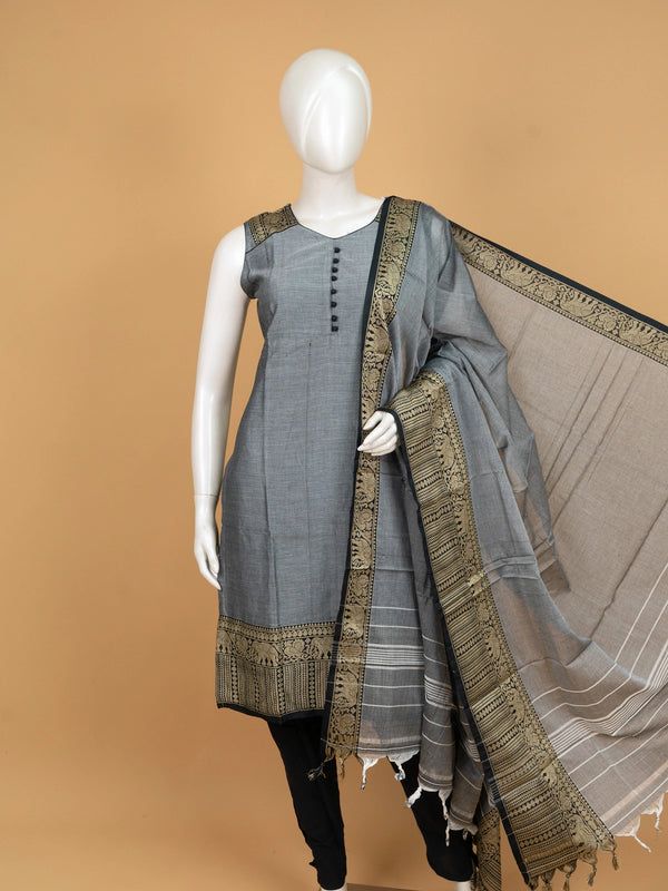 Grey cotton straight cut kurti set with black-gold woven elephant motif border and matching dupatta