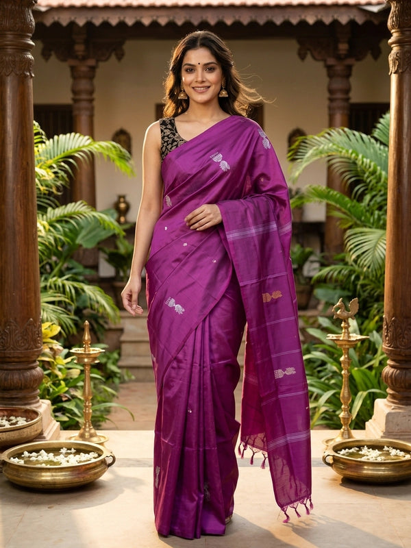 Magenta banana silk saree with peacock zari buttas and striped pallu