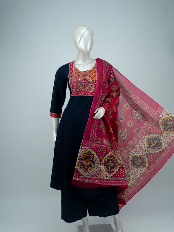 Navy Blue cotton Anarkali kurti set with mirror-work embroidered yoke and pink Ajrakh-print dupatta