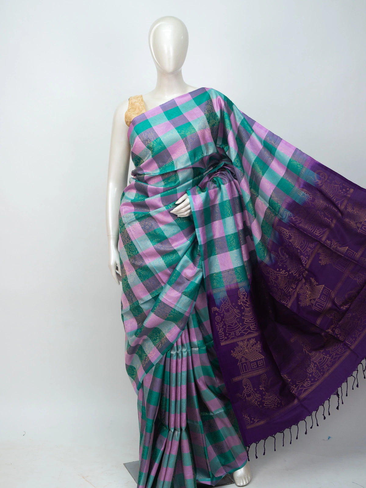 Green, pink and purple checked soft silk saree with gold zari folk-motif purple pallu