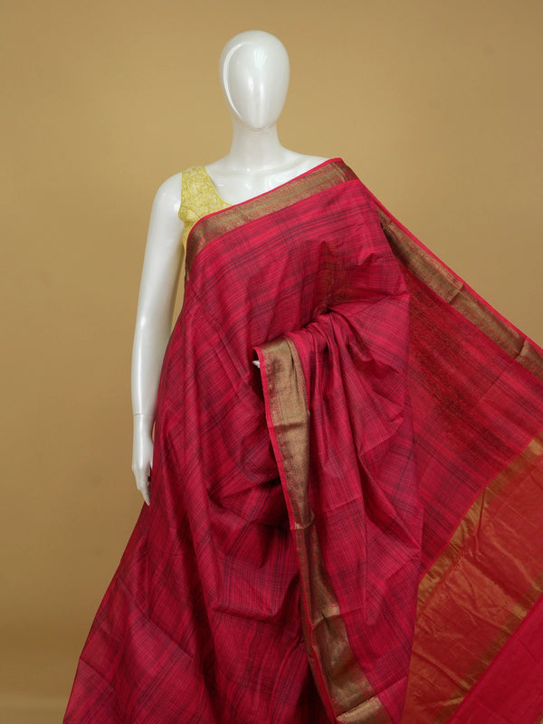 Red and gold semi tussar saree with black checked body and contrast gold zari border