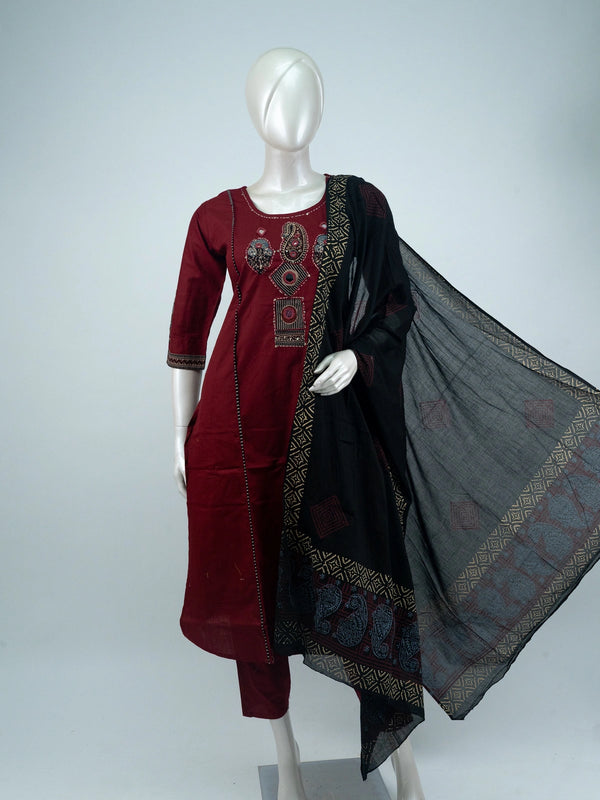 Maroon cotton Ajrakh mirror work Anarkali kurti set with black printed dupatta