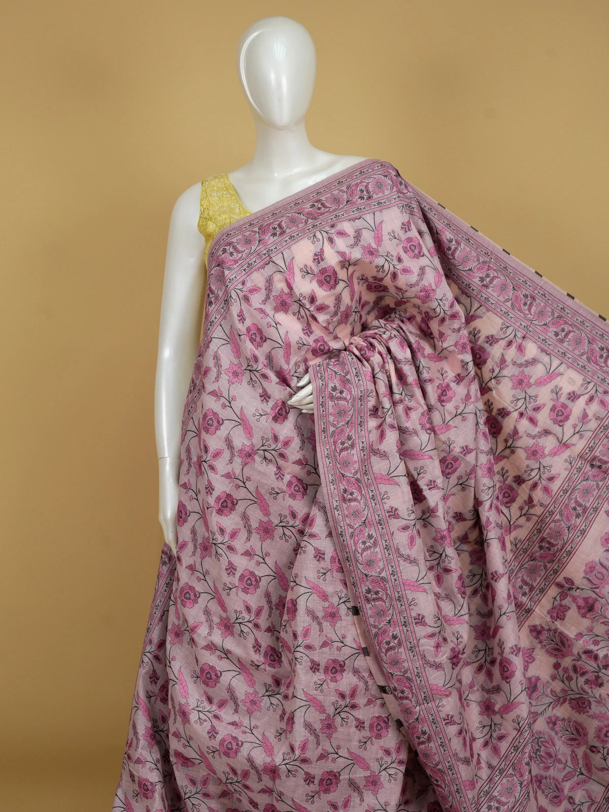 Mauve pink floral printed linen cotton saree with pink and black all-over floral jaal and matching printed border