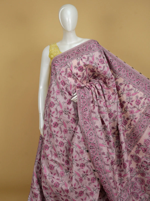 Mauve pink floral printed linen cotton saree with pink and black all-over floral jaal and matching printed border