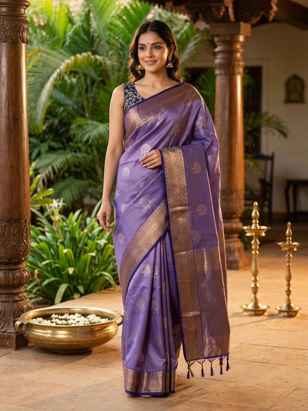 Lavender and Navy Blue Soft Silk Saree