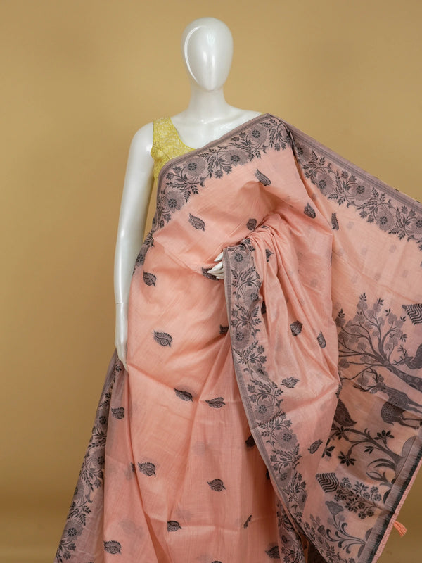 Peach linen cotton saree with grey floral border, paisley buta body and figurative peacock-deer pallu