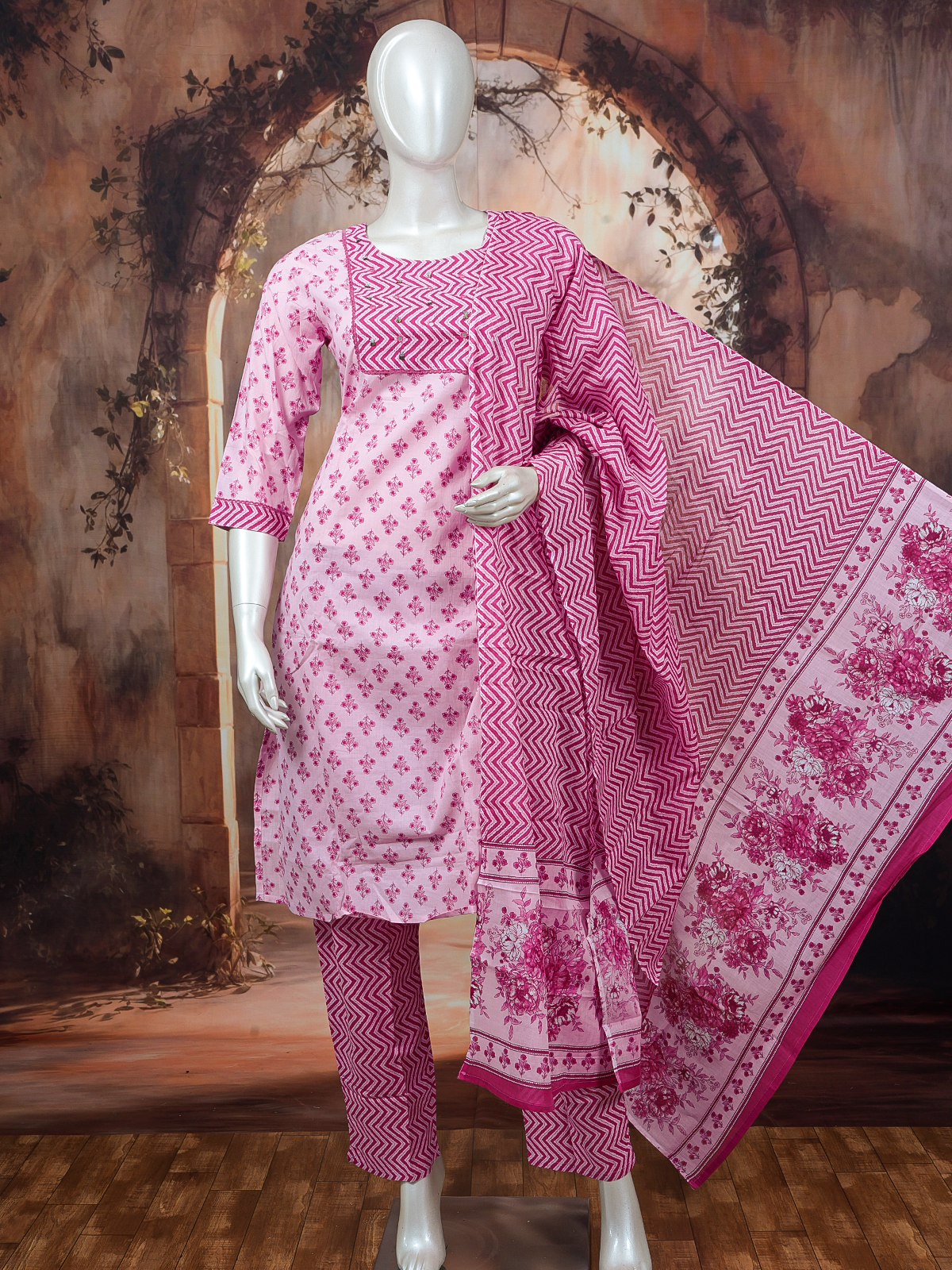 Pink floral cotton kurti set with magenta chevron yoke, straight pants and printed dupatta