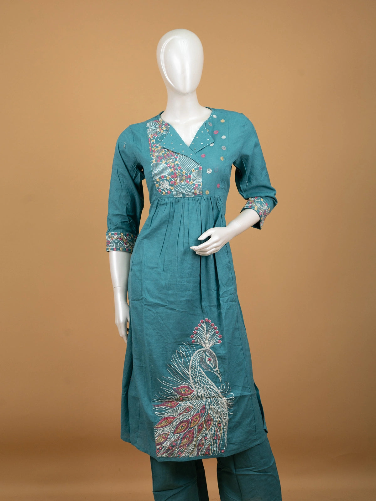 Teal cotton straight cut kurti set with peacock Kantha embroidery and matching pants