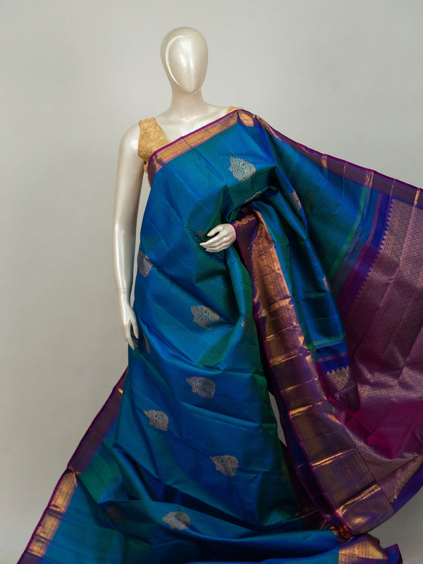 Peacock blue pure Kanchipuram silk saree with contrast purple gold zari border and paisley buttas