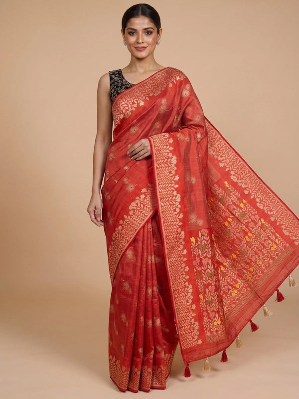 Red semi raw silk saree with gold zari butas, leaf-vine border and multicoloured floral pallu