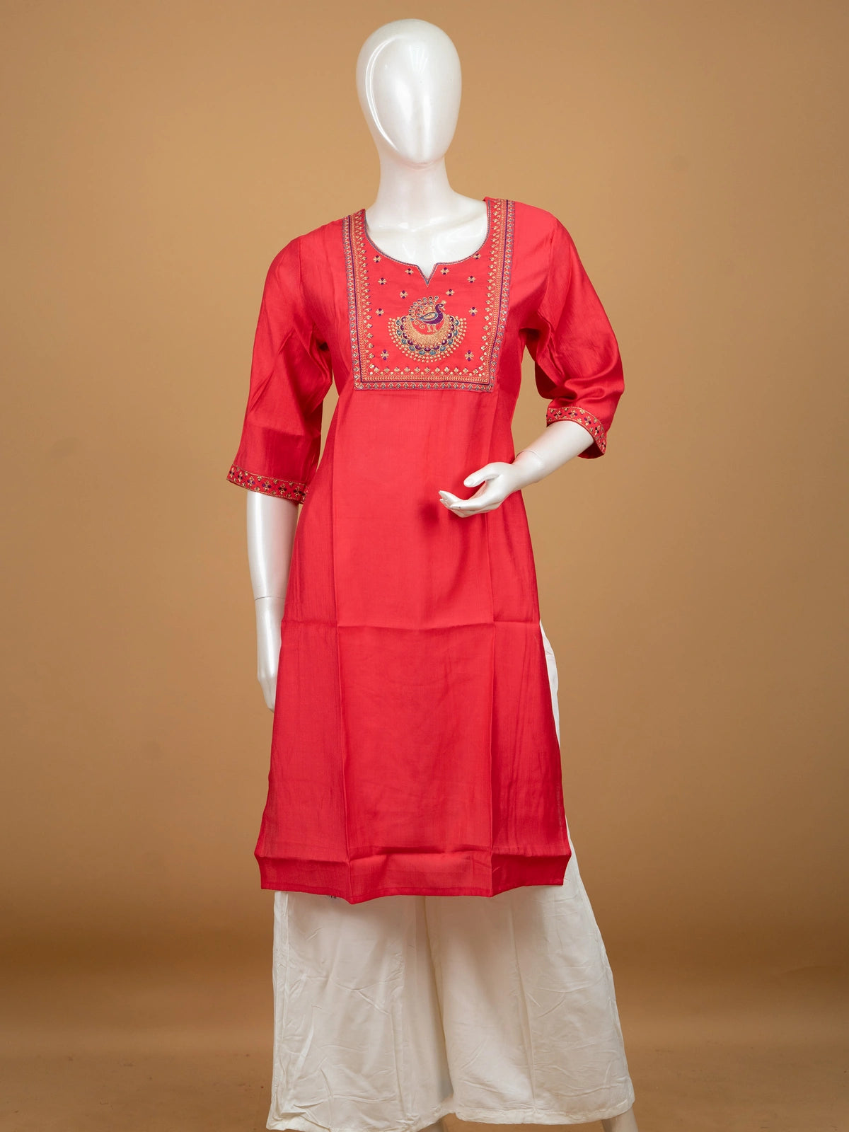 Red cotton silk straight cut kurti top with peacock embroidered yoke