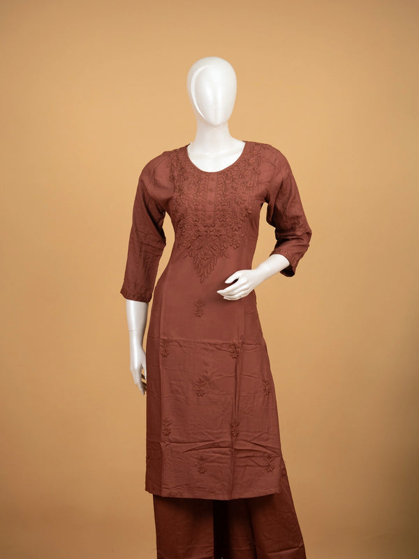 Rust Brown Cotton Embroidered Straight Cut Kurti Set with Palazzo and Dupatta