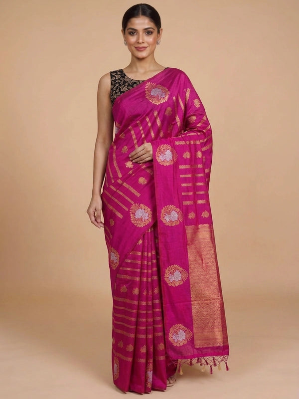 Magenta pink semi raw silk saree with gold zari floral motifs and brocade pallu