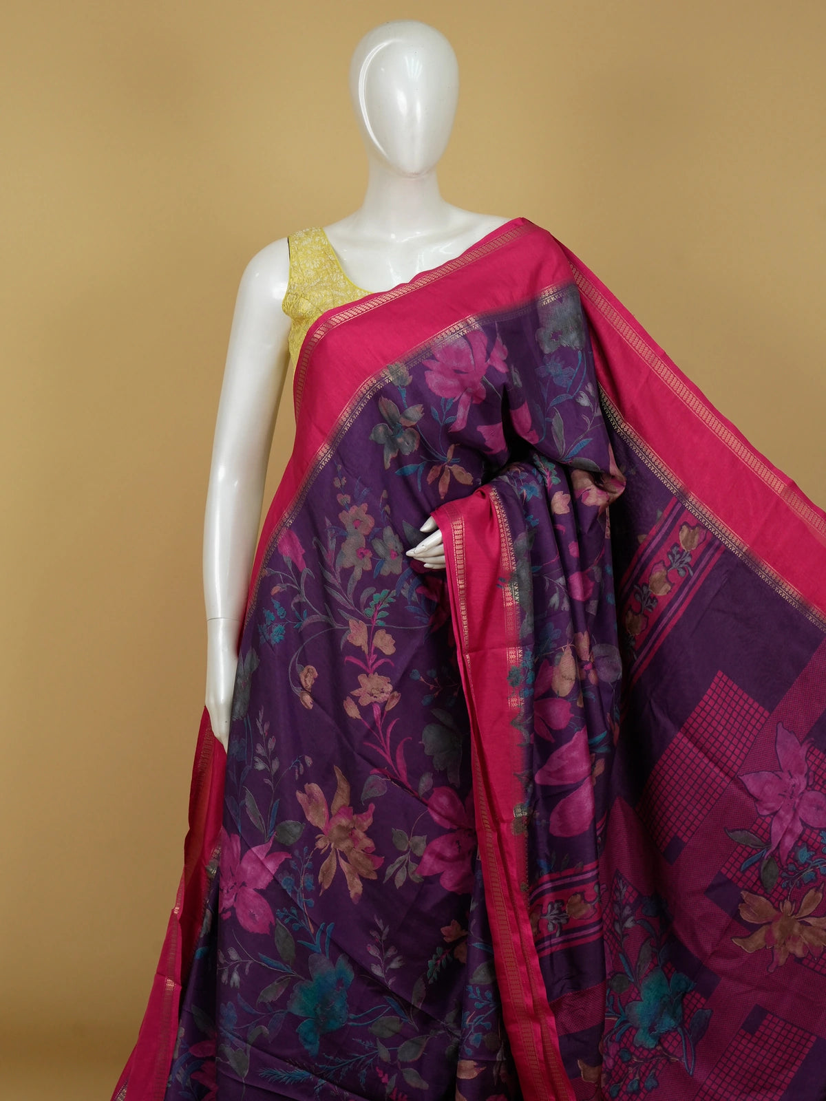 Purple Dola silk saree with pink floral print and gold zari contrast border