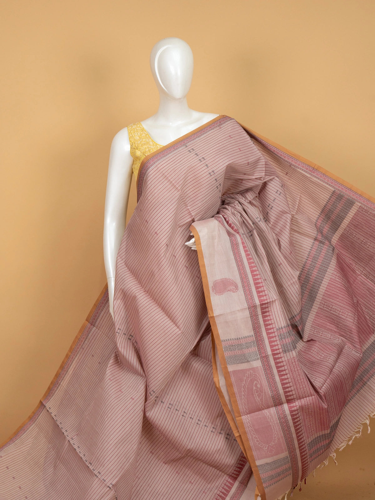 Dusty pink semi raw silk saree with maroon stripes, mustard border and woven paisley pallu