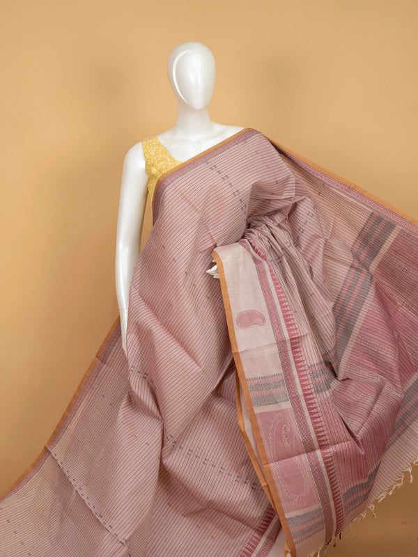 Dusty pink semi raw silk saree with maroon stripes, mustard border and woven paisley pallu