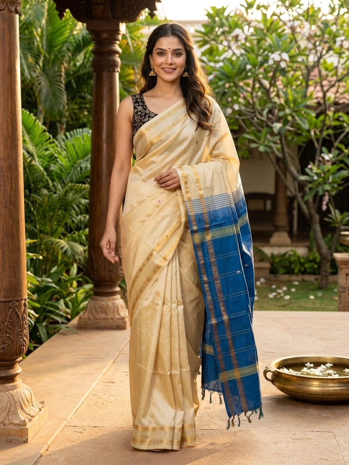 Cream and blue banana silk saree with gold zari border and contrast blue pallu