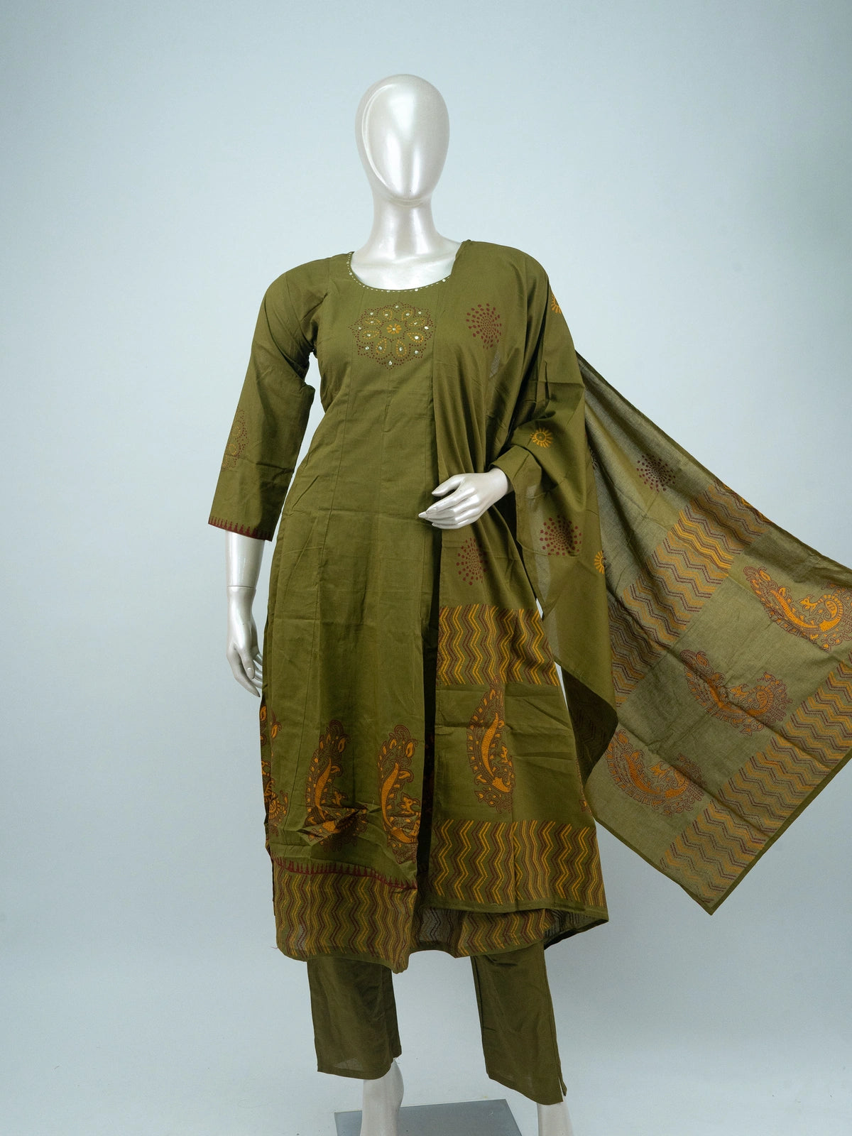 Mehendi Green Cotton Mirror Work Anarkali Kurti Set with printed dupatta and straight pants