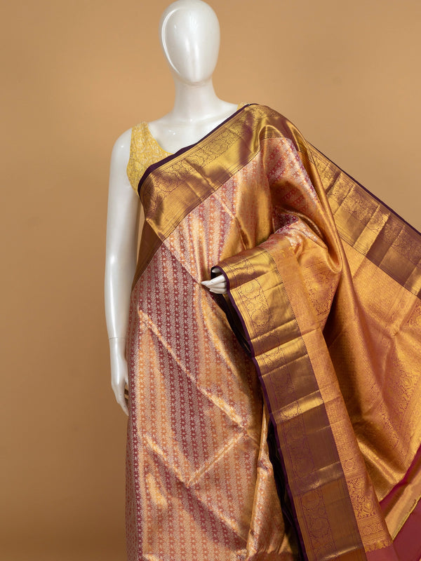 Peach pink and wine pure Kanchipuram silk saree with gold zari floral jaal and contrast border
