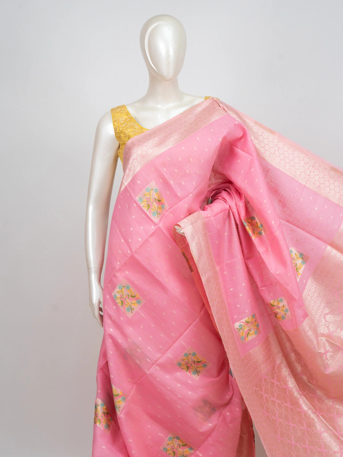 Pink linen cotton saree with gold zari border, floral motifs and tasselled pallu