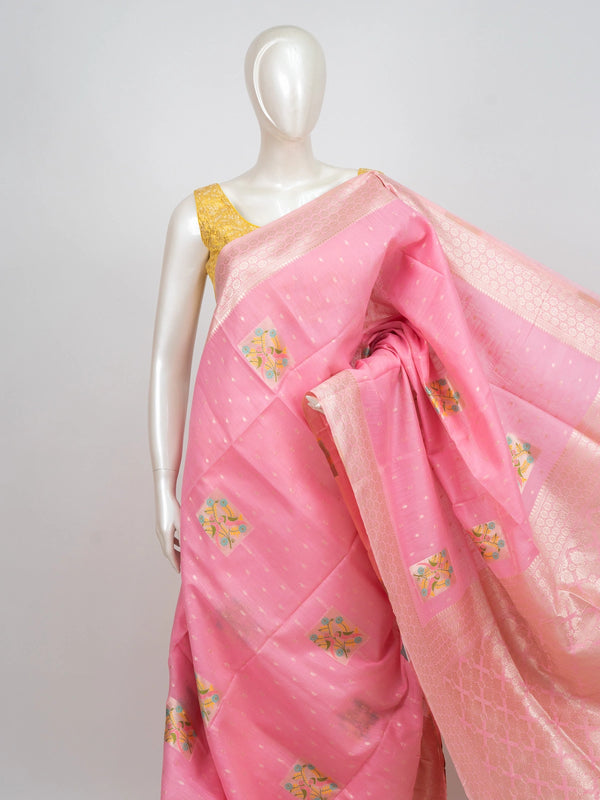 Pink linen cotton saree with gold zari border, floral motifs and tasselled pallu