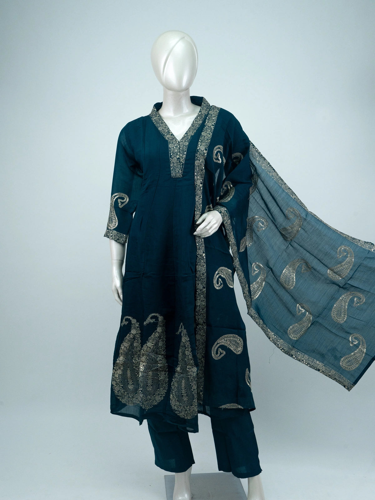 Teal zari embroidered paisley Anarkali kurti set with pants and dupatta