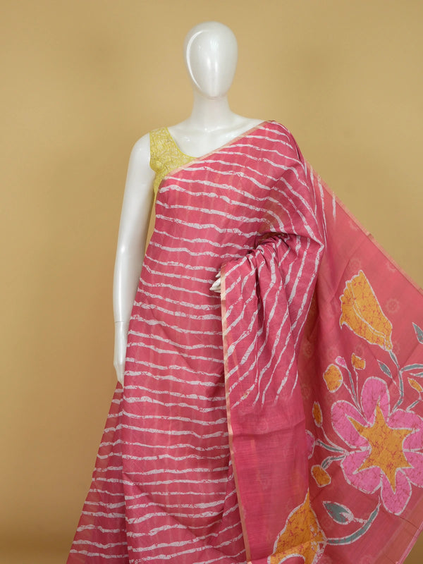 Pink and white leheriya linen cotton saree with batik floral pallu and gold zari border