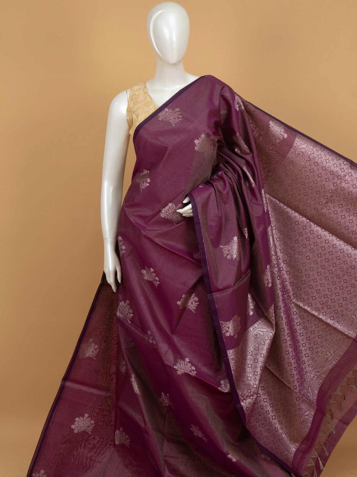 Wine purple silk cotton saree with silver zari floral buttas, contrast border, and ornate zari pallu