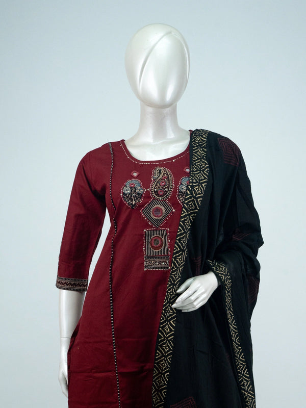 Maroon cotton Ajrakh mirror work Anarkali kurti set with black printed dupatta