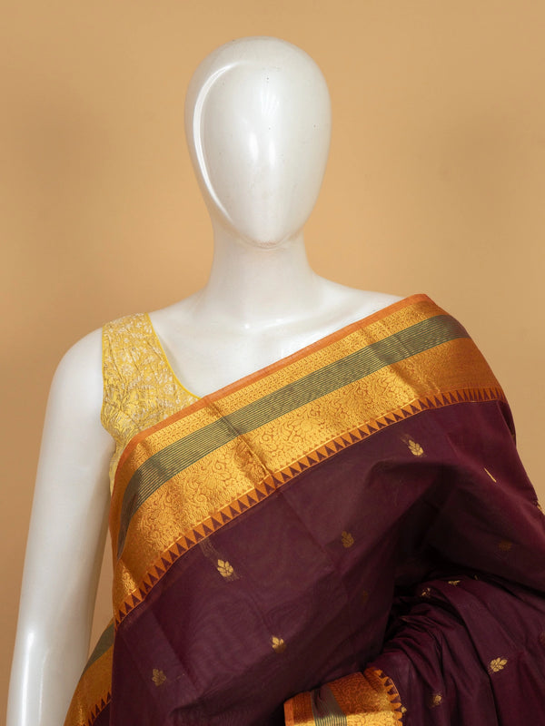 Wine maroon Chettinad cotton saree with mustard-gold zari border and brocade pallu