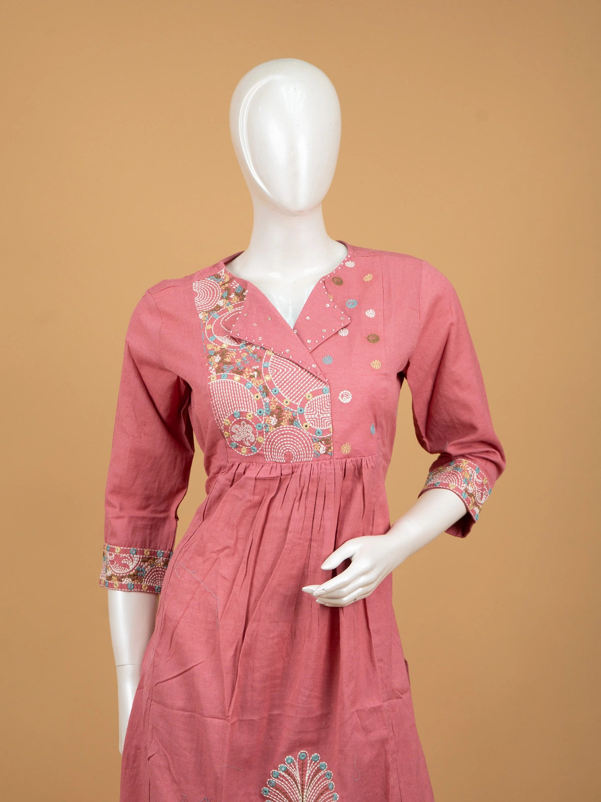 Rose Pink Cotton Peacock Kantha Embroidered Straight Cut Kurti Set with straight-fit pants