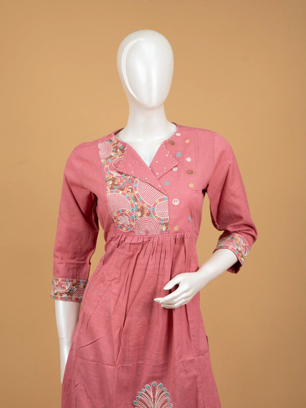 Rose Pink Cotton Peacock Kantha Embroidered Straight Cut Kurti Set with straight-fit pants