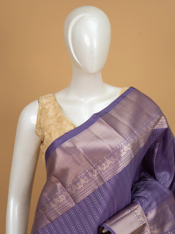 Purple and gold pure Kanchipuram silk saree with zari stripes, contrast border and ornate zari pallu