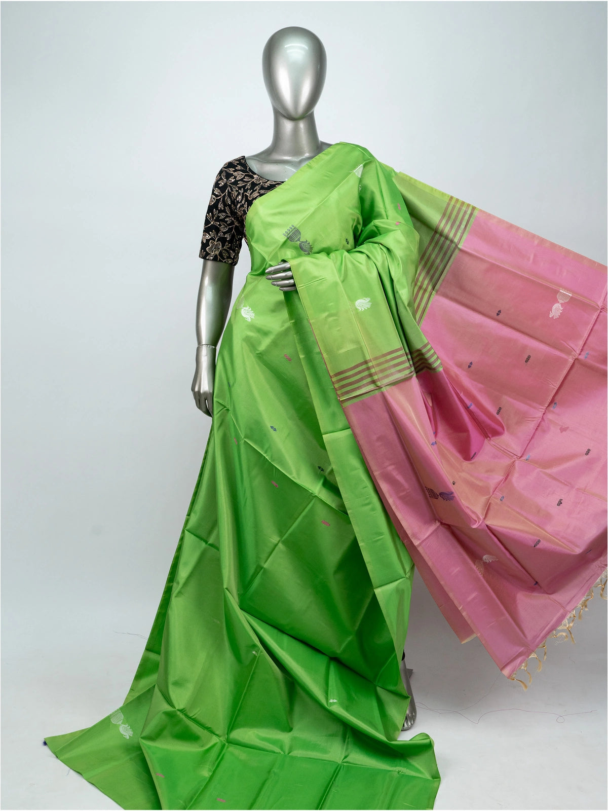 Parrot green Banana silk saree with contrast rose pink pallu and woven buttas